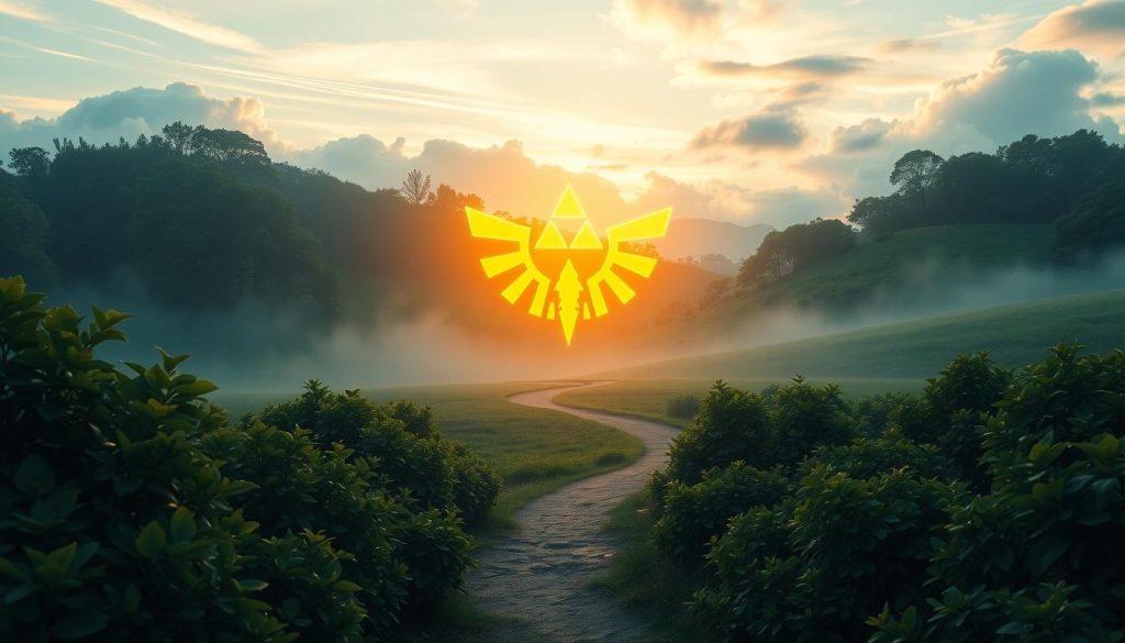 A serene, tranquil landscape with a vibrant, glowing power symbol at the center. The symbol, inspired by the iconic Link from The Legend of Zelda, radiates a warm, golden light that illuminates the surrounding environment. The foreground features lush, verdant foliage, creating a sense of natural harmony. In the middle ground, a winding path leads the viewer's gaze towards the power symbol, inviting exploration. The background showcases a picturesque, dreamlike sky with soft, wispy clouds, conveying a sense of calm and balance. The overall scene evokes a powerful, yet peaceful, connection between the digital and natural worlds.