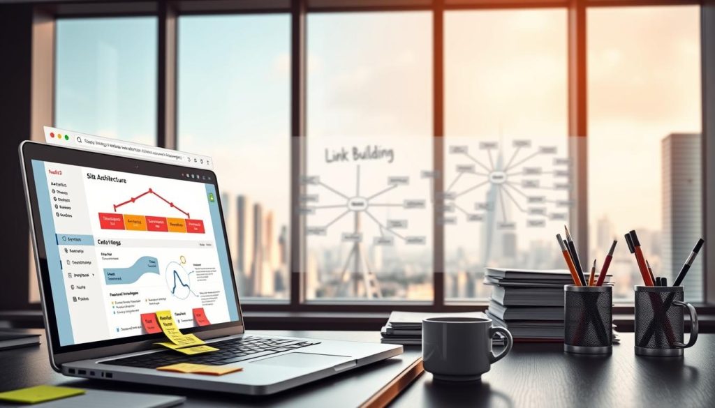 A sleek, modern office setting with a large window overlooking a bustling city skyline. In the foreground, a laptop displays a web browser window with a site architecture diagram, various analytics tools, and outreach templates. On the desk, colorful sticky notes and a pen holder with strategy-themed icons. The middle ground features a whiteboard with a mind map of link building tactics, a stack of research materials, and a cup of coffee. The background is softly lit, creating a warm, productive atmosphere conducive to strategizing and executing a comprehensive link building campaign.
