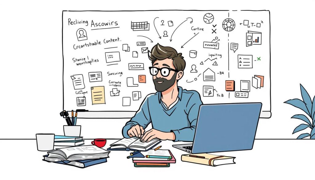Create an image of a content creator brainstorming ideas for linkable content